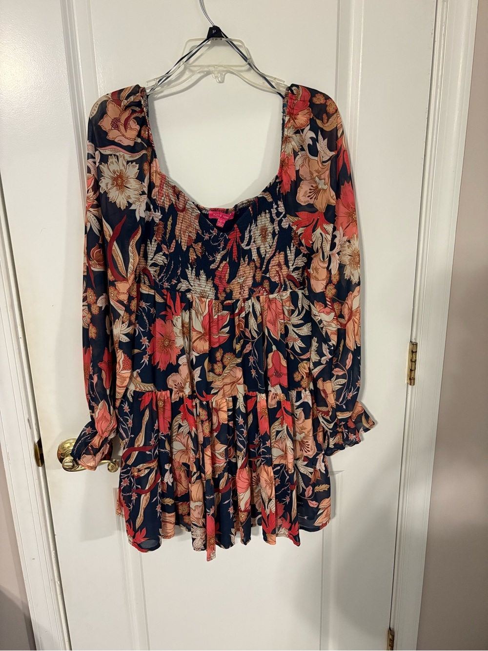 Flying Tomato Navy Mini Dress with Coral and Tan Floral Print